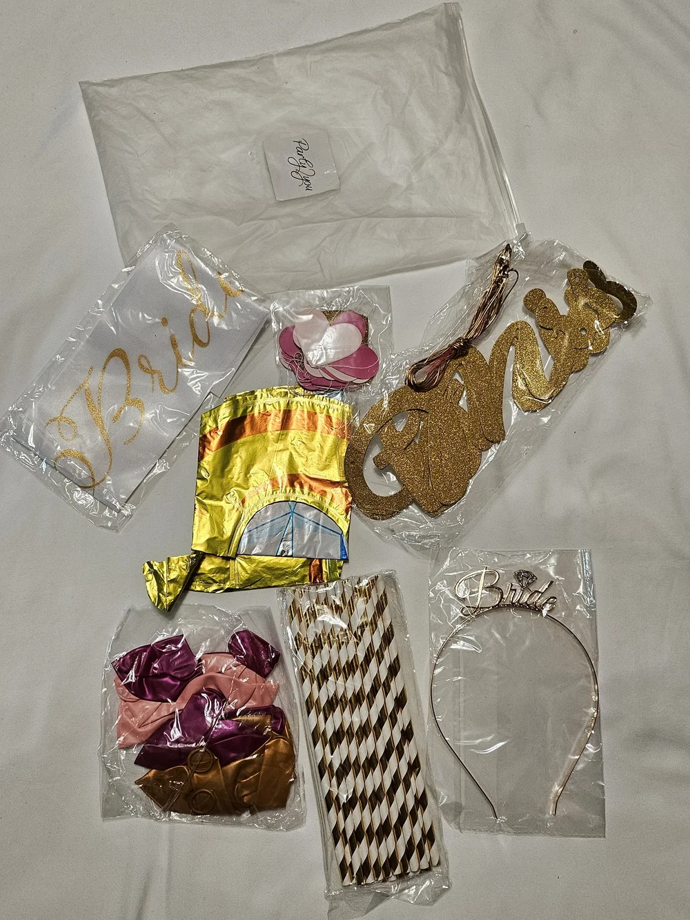 Bride Party Accessory Kit Gold and Pink Bridal Set Tiara Straws Balloons Sash